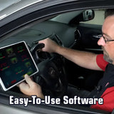 Tablet computer displaying colorful software interface held by a person in a vehicle.