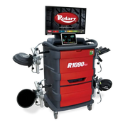 Rotary R1090 wheel alignment machine with red and gray cabinet, monitors, and sensors.