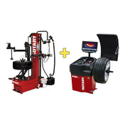 Tire changing and balancing equipment set consisting of a red tire changer machine and a wheel balancer with digital display.