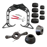 Tire changing stand with associated tools and accessories for automotive wheel service.