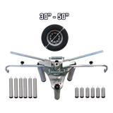 Mechanical ski binding with adjustable angle range and multiple mounting pins.