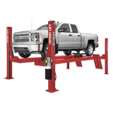 Red Rotary SMO14EL2 14k four-post lift supporting a silver Chevrolet Silverado truck