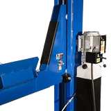 Blue Rotary SMO14L Four-Post Lift with control unit and black accents for easy use