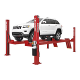 Red Rotary SMO14L 4-post lift holding a white Jeep Grand Cherokee, showcasing durability