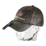 Brown baseball cap with Streamlight logo and flashlight for a compact pocket light